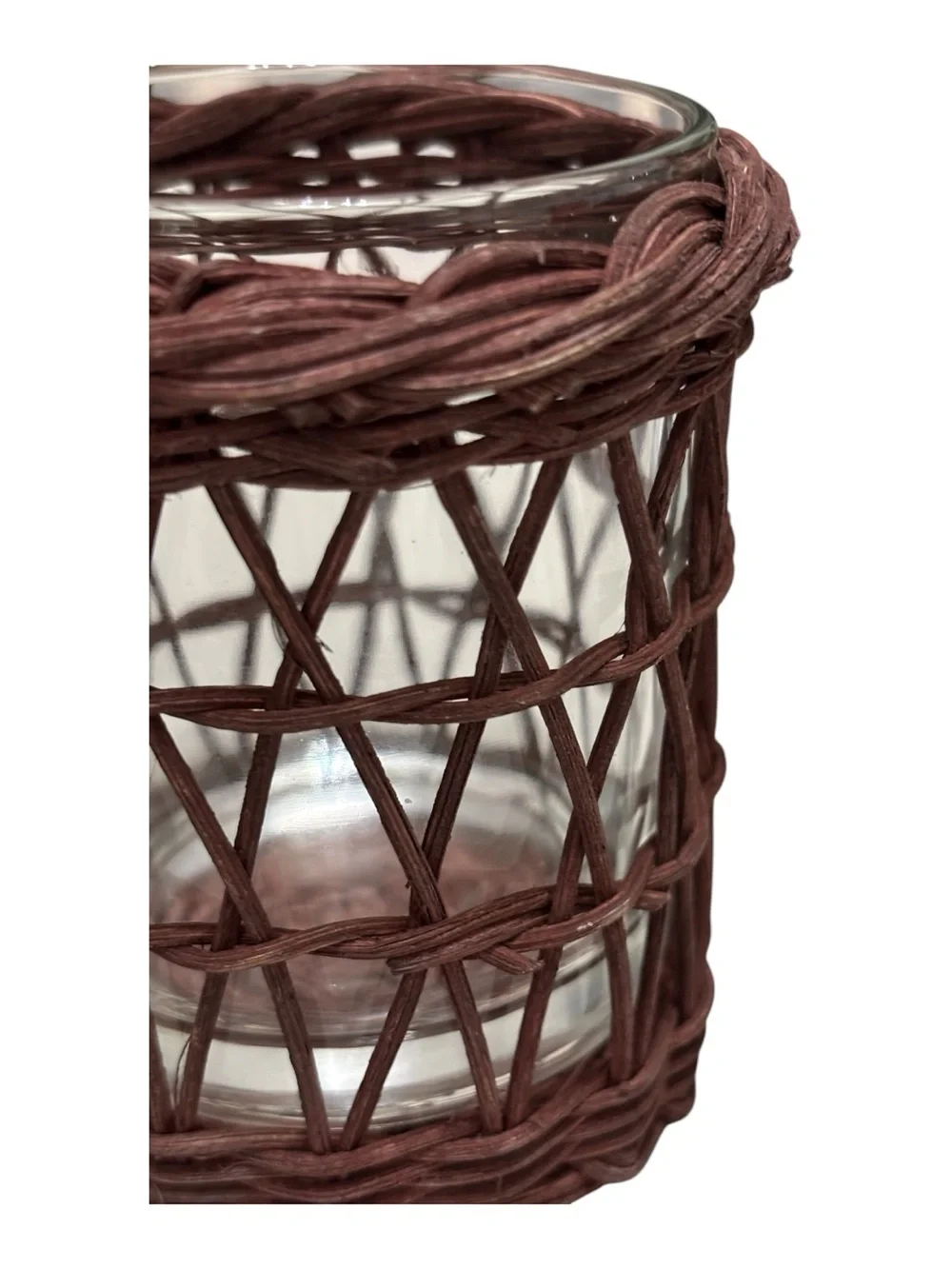 Vintage Rustic Brown Wicker Glass Tea Light Votive Candle Holder Coastal Boho
